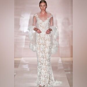 Reem Acra Eve Illusion Yoke Embroidered Lace Column Wedding Dress Gown